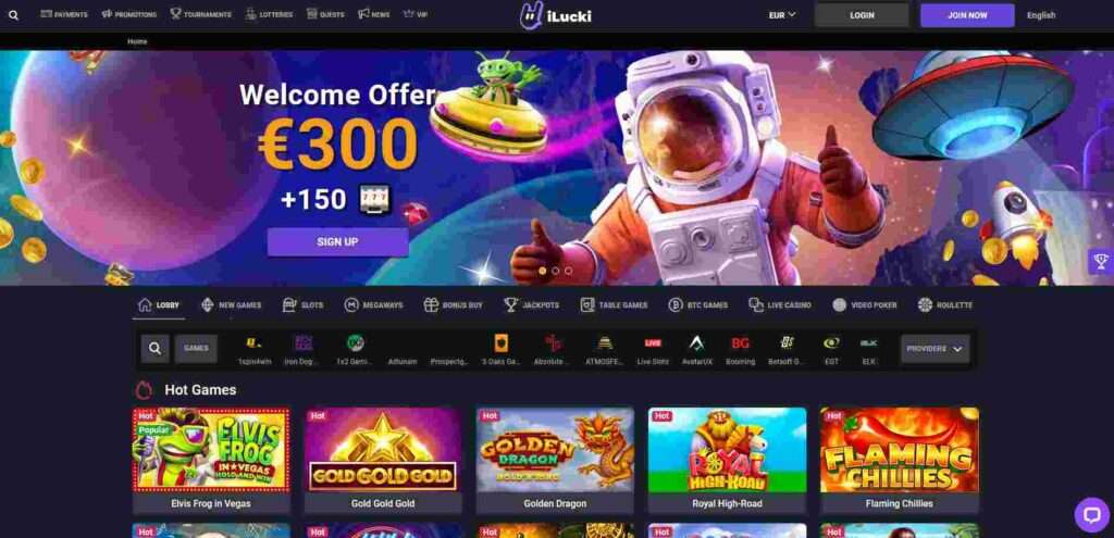 Snapshot of iLucki Casino homepage, showcasing its user-friendly interface and features, as discussed in our comprehensive iLucki review on BitcoinPlay.org.