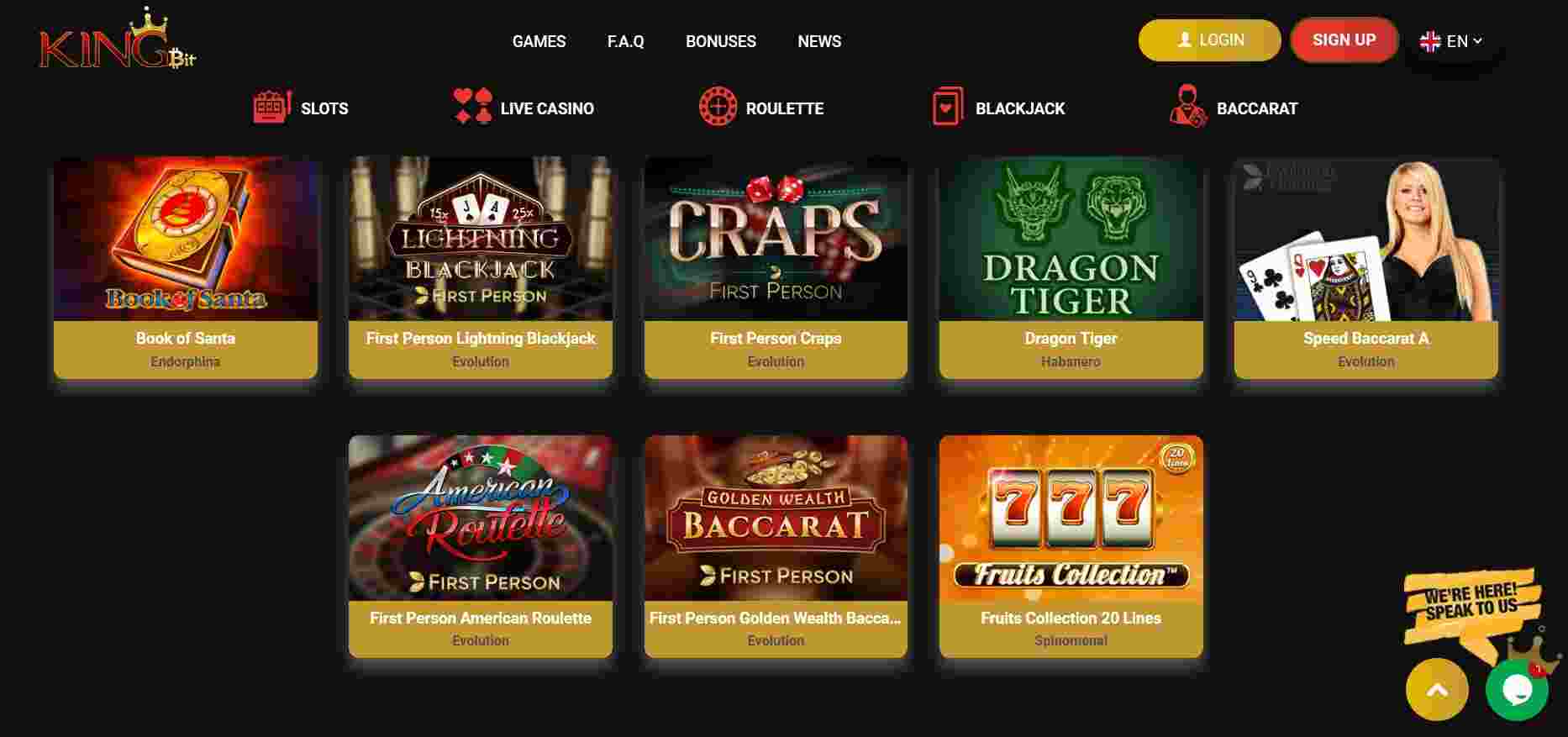 Screenshot of the KingBit Casino homepage, featured in our detailed KingBit Casino review