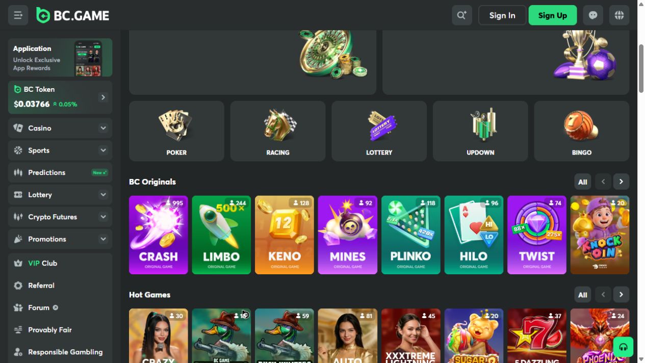 Catalogue BC.Game avec les jeux BC Originals et des titres de casino en direct en octobre 2026