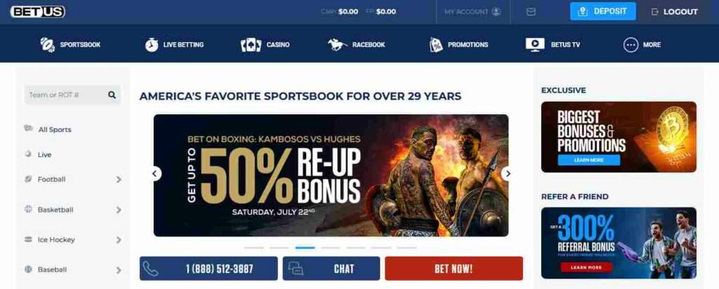 Homepage screenshot of BetUS.com.pa Sportsbook, a prime destination for comprehensive reviews.