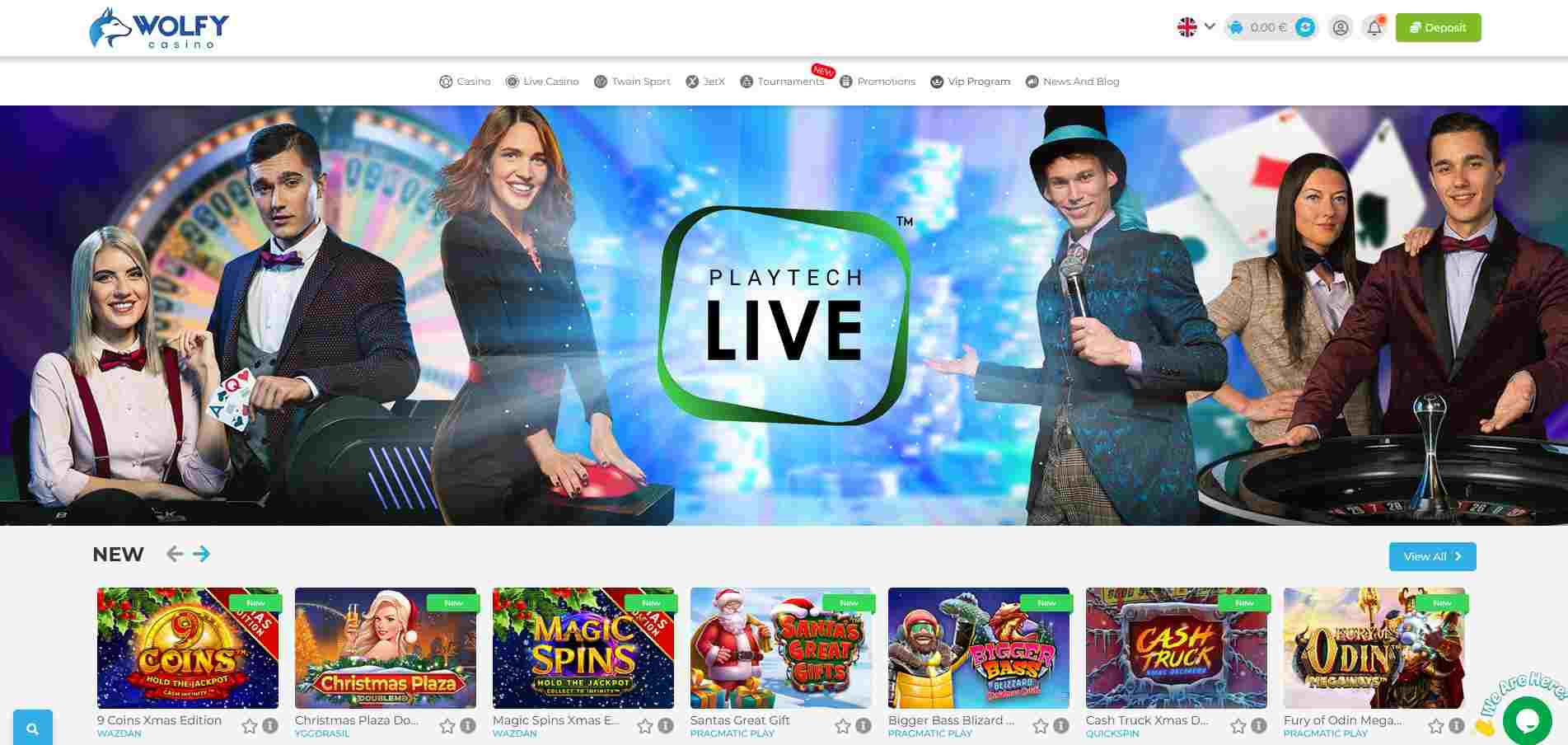 Homepage of Wolfy Casino showcasing exciting games, perfect spot to find no deposit bonus codes.