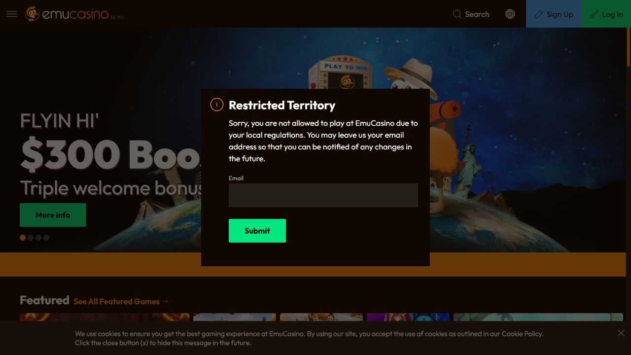 Page d’accueil EmuCasino avec un message de restriction territoriale