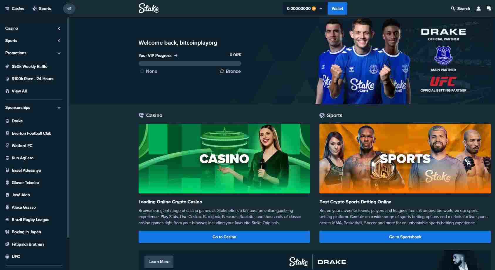 Screenshot of the homepage of Stake.com, a leading online casino and sportsbook, as reviewed on our site.