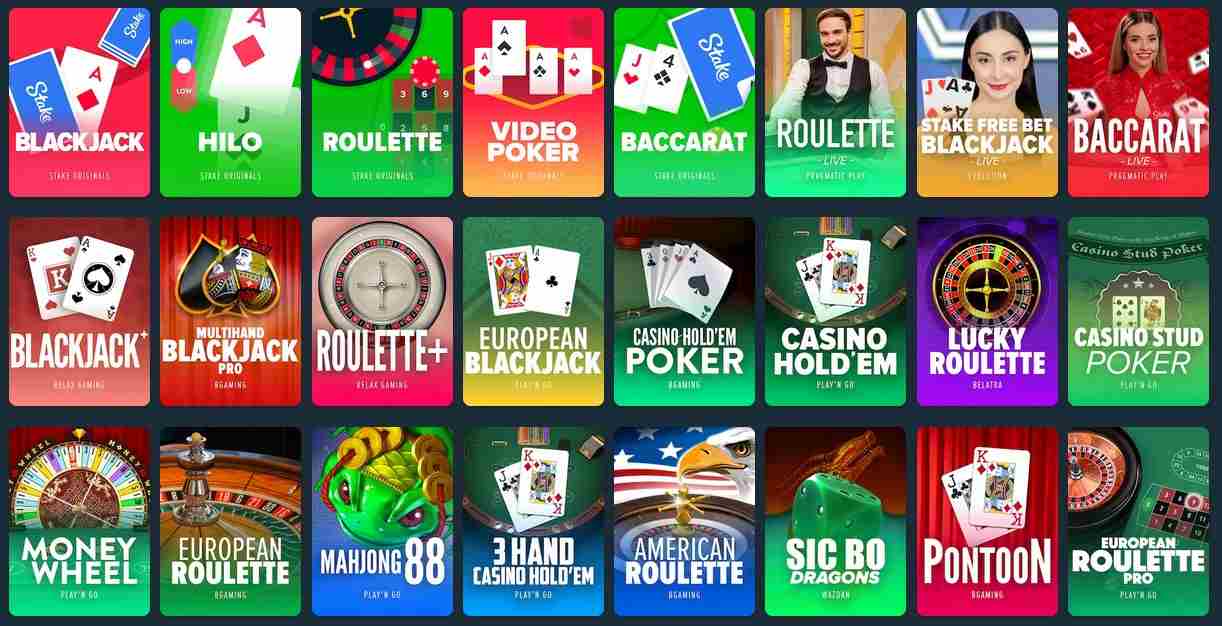 Showcase of various table games available on Stake.com, prominently featured in our thorough Stake Casino review.