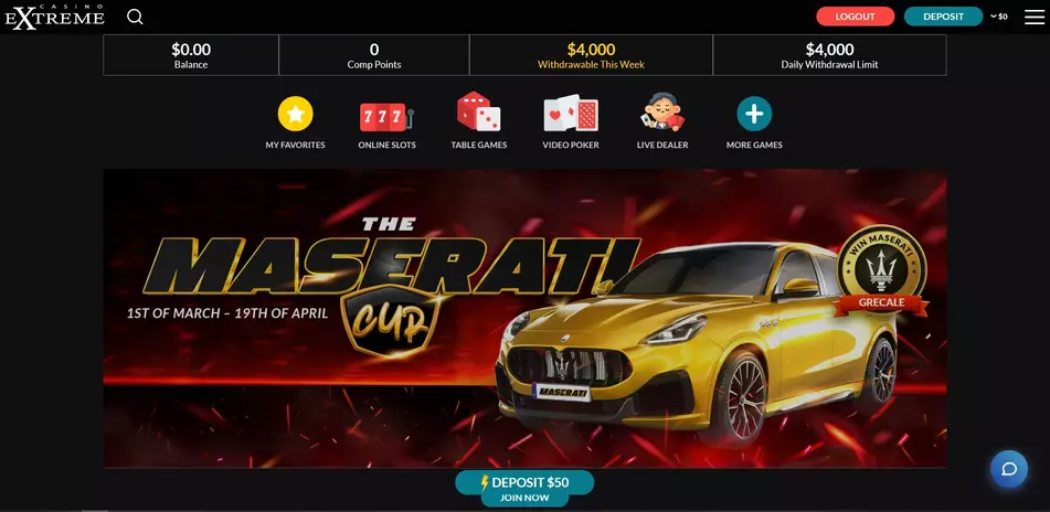 Screenshot of Casino Extreme homepage for comprehensive online casino review.