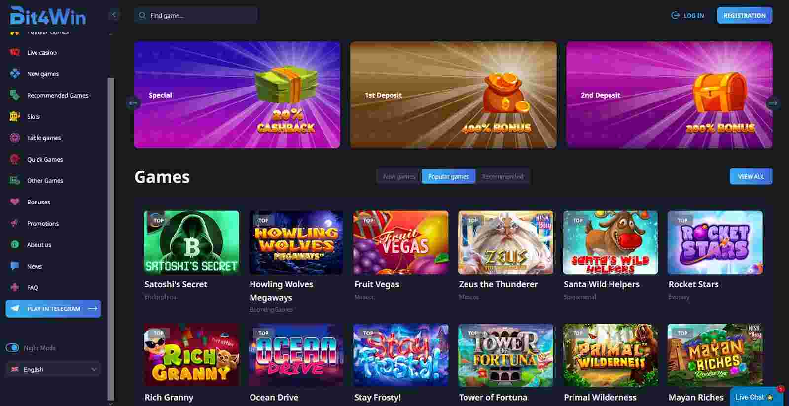 Homepage of Bit4Win Casino, showcasing its unique online casino platform. Sign up to bit4win.com for exclusive no deposit bonus offers.