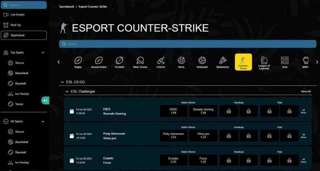 A detailed view of Bodu88 Casino's diverse sportsbook and esports categories, showcasing a wide range of betting options for superior Bitcoin gambling.