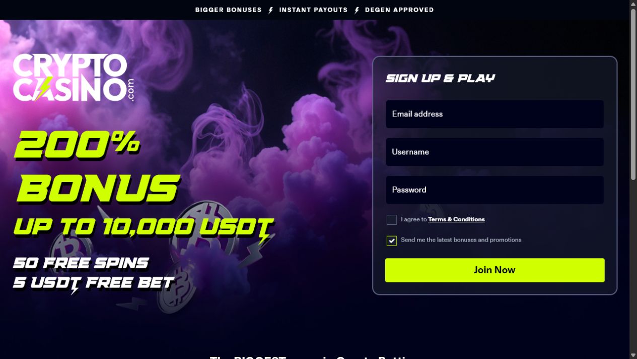 Official CryptoCasino welcome offer page showing 200% bonus up to 10,000 USDT
