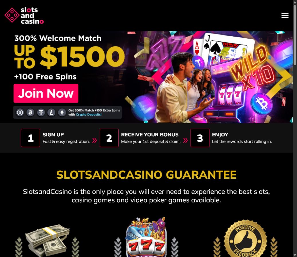 SlotsAndCasino.ag homepage showing crypto casino bonuses and game promotions