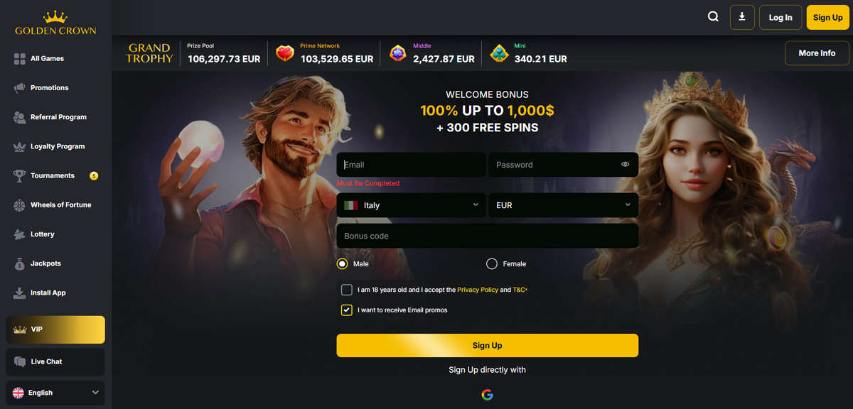 Golden Crown Casino homepage in October 2026