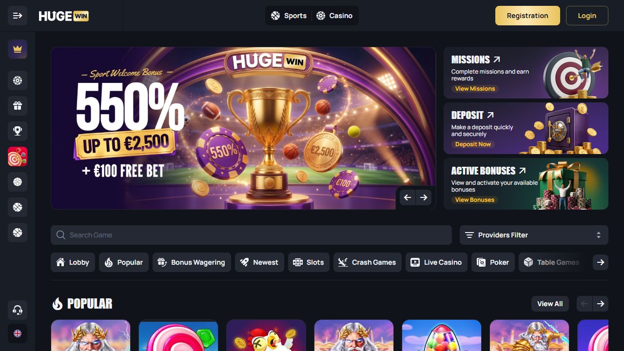 Accueil et catalogue de jeux de Hugewin, capture d’octobre 2026