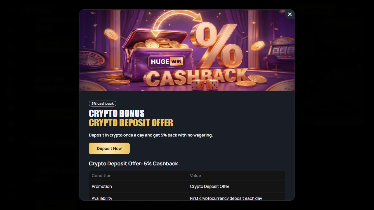 Promotion officielle Hugewin sur dépôt crypto et ses conditions